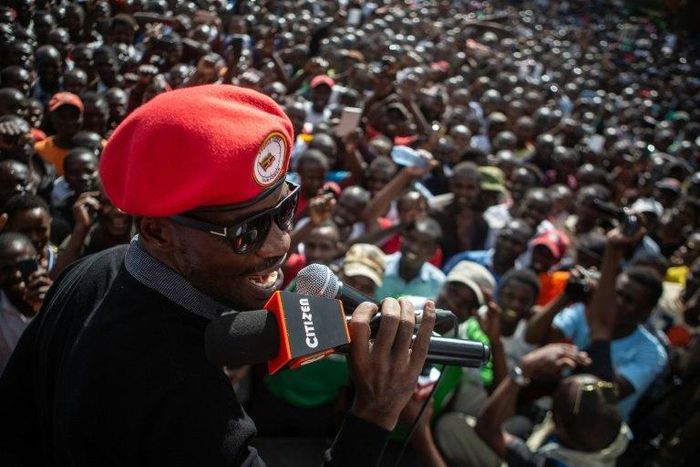 Ugandan politician Robert Kyagulanyi, better known as pop star Bobi Wine, spoke to a crowd in Nairobi in October during a five day visit to Kenya