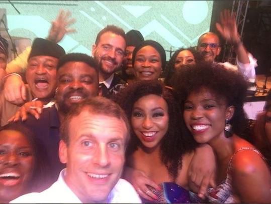 Celebrities take a selfie with President Emmanuel Macron of France