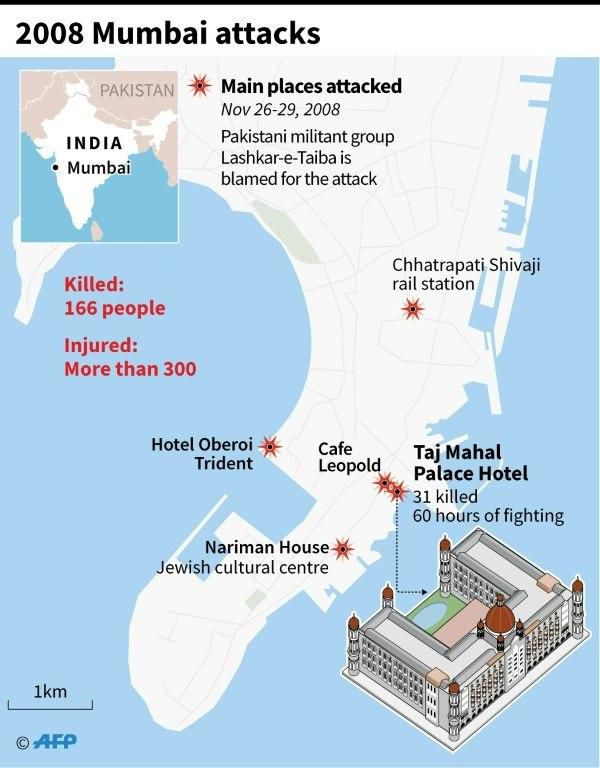 Map of the Mumbai attacks, which left 166 people dead and injured hundreds more