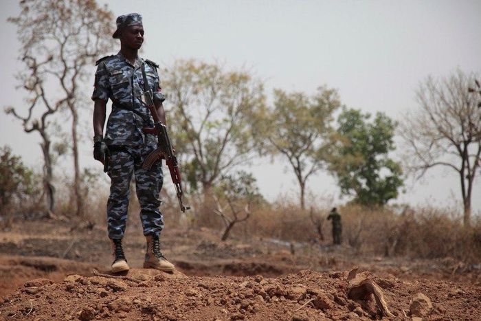 Security officers stand guard where German archaeologists were kidnapped in Janjala village, Nigeria, in February 2017. Kidnappers ransomed their captives for $200,000 and killed two villagers during the kidnapping.