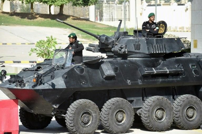 Saudi forces guard the Diriya Palace in Riyadh during a Gulf Cooperation Council summit on December 9, 2018