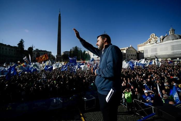 Italy's far-right Interior Minister Matteo Salvini addresses a packed crowd in Rome as his party surges in the polls