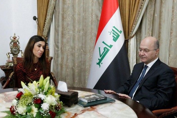 Iraqi President Barham Saleh meets with Iraqi Nobel laureate Nadia Murad in Baghdad on December 12, 2018