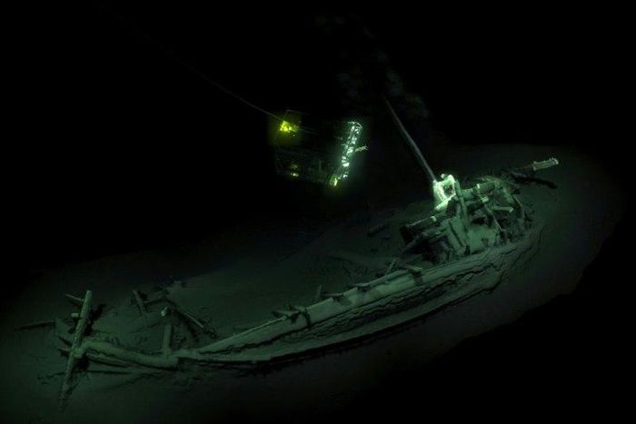 An undated picture released by Black Sea MAP/EEF Expeditions in London on October 23, 2018 shows the remains of an ancient Greek trading ship lying on the sea bed at the bottom of the Black Sea near Bulgaria