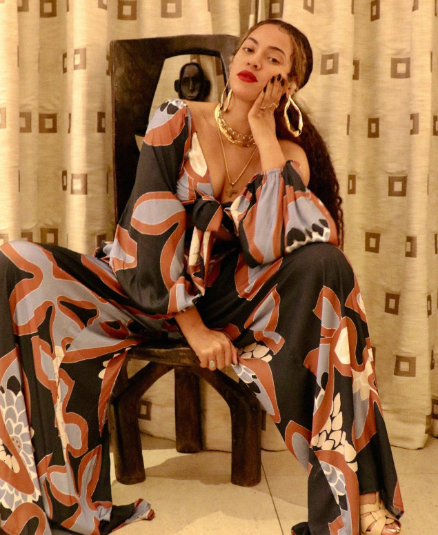 Beyonce wearing a colourful two-piece by Tongoro Studio