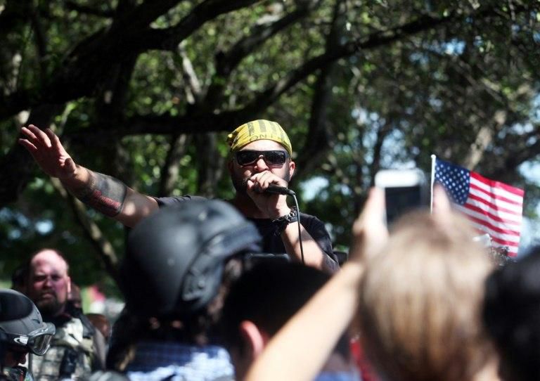 Joey Gibson, the founder of the far-right Patriot Prayer group seen here in August 2018, is running as a Republican for the US Senate