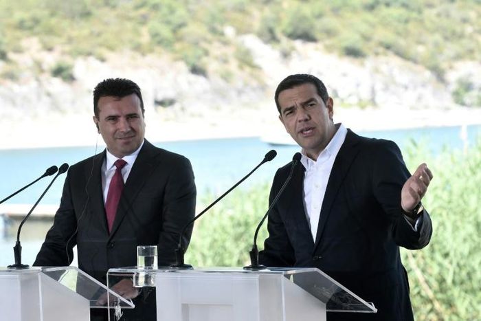 Macedonian Prime Minister Zoran Zaev (left) and Greek Prime Minister Alexis Tsipras (right) announcing their landmark name change deal in June