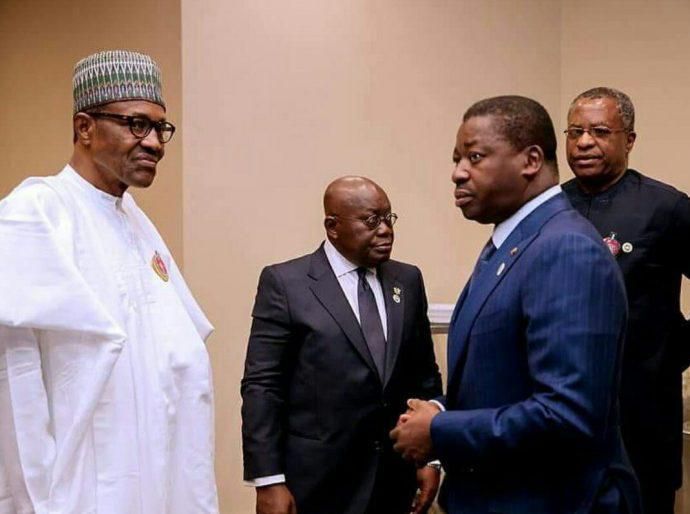 President Muhammadu Buhari (left), Nigeria's Foreign Minister, Geoffrey Onyeama (far right) and two of the West African leaders who are in Abuja for the 52nd ECOWAS Summit.