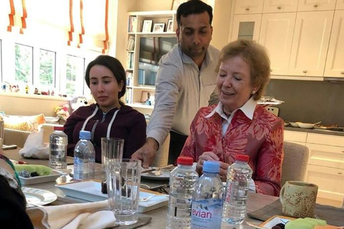 A handout image provided by United Arab Emirates News Agency (WAM) on December 24, 2018 shows Sheikha Latifa bint Mohammed bin Rashid Al-Maktoum (L) with Mary Robinson, former President of Ireland
