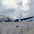A Toronto-bound Fly Jamaica plane is seen after crash-landing at the Cheddi Jagan International Airport in Georgetown, Guyana on November 9, 2018