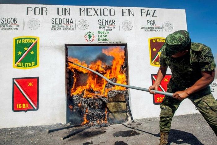 The mexican military burns tons of marijuana, heroin, cocaine and methamphetamine seized from traffickers at a base in Monterrey, on April 8, 2014