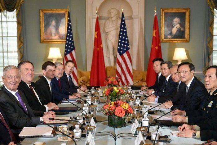 US Defense Secretary Jim Mattis (L) and Secretary of State Mike Pompeo (2nd L) meet with Chinese politburo member Yang Jiechi (2nd R) and Defense Minister Wei Fenghe (R) for top-level talks in Washington