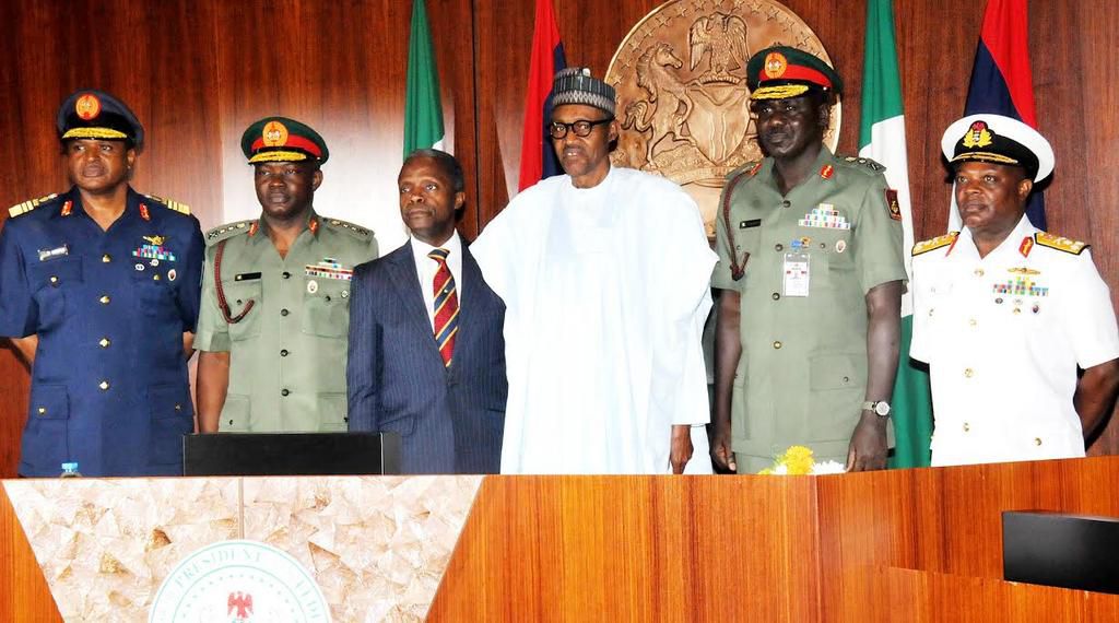 Buhari during one of his meetings with the nation's service chiefs