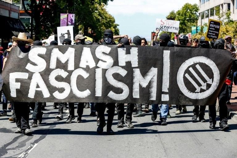 "Antifa" activists protest an alt-right rally on August 5, 2018 in downtown Berkeley, California