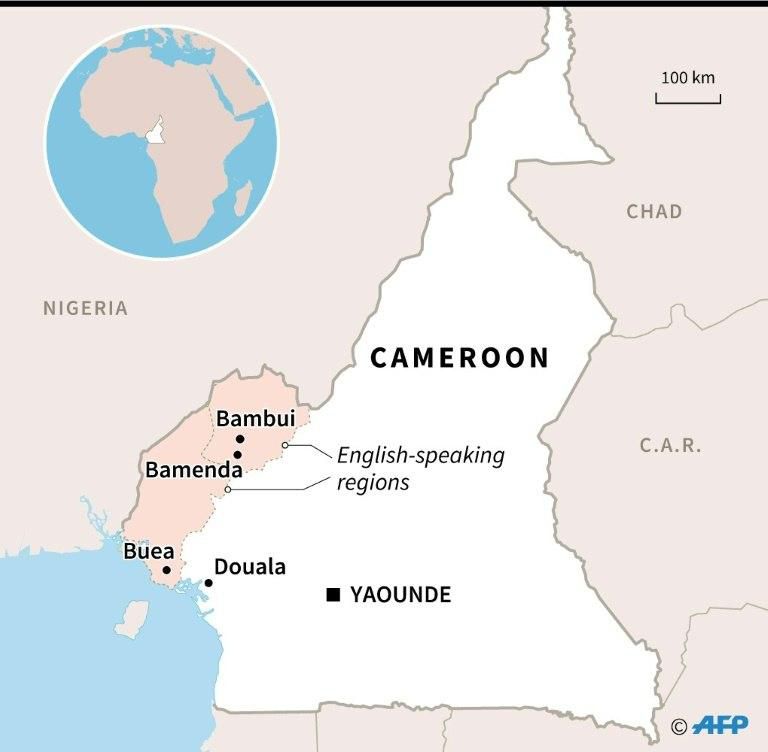 A map of Cameroon showing the troubled English-speaking regions