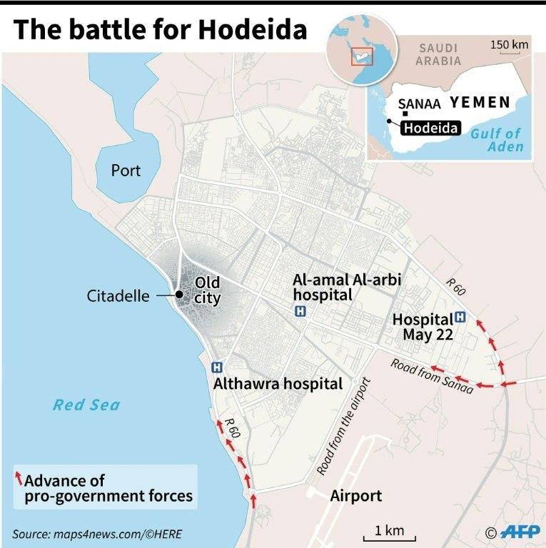 Map locating Hodeida in Yemen where pro-government forces are attempting to retake the city from the rebels.