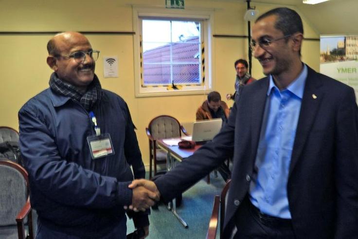 Huthi representative Salim al-Moughaless (R) and Yemeni economist and government representative Ahmed Ghaleb at talks in Sweden where the two sides have exchanged some 15,000 names for a prisoner swap