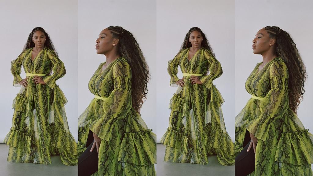 Serena Williams wears a green phython ruffle dress by Off White for her Teen Vogue editorial
