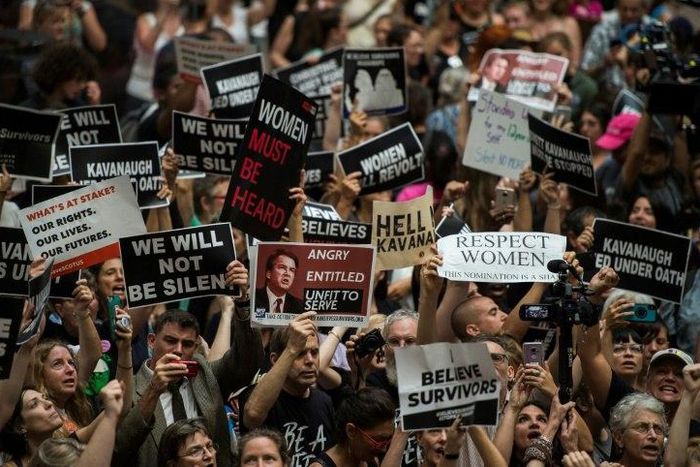 Protesters occupy the Hart Senate office building during a rally against Supreme Court nominee Brett Kavanaugh on Capitol Hill in Washington on October 4, 2018