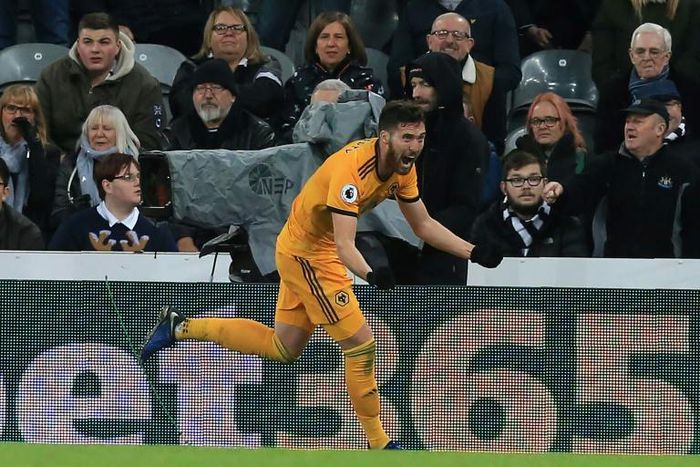 Wolverhampton's Matt Doherty celebrates his late winner against Newcastle