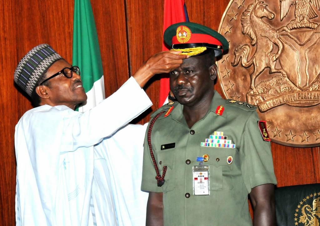President Muhammadu Buhari (left) with Chief of Army Staff, Lieutenant-General Tukur Buratai (right)