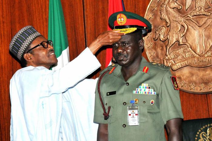 President Muhammadu Buhari (left) with Chief of Army Staff, Lieutenant-General Tukur Buratai (right)