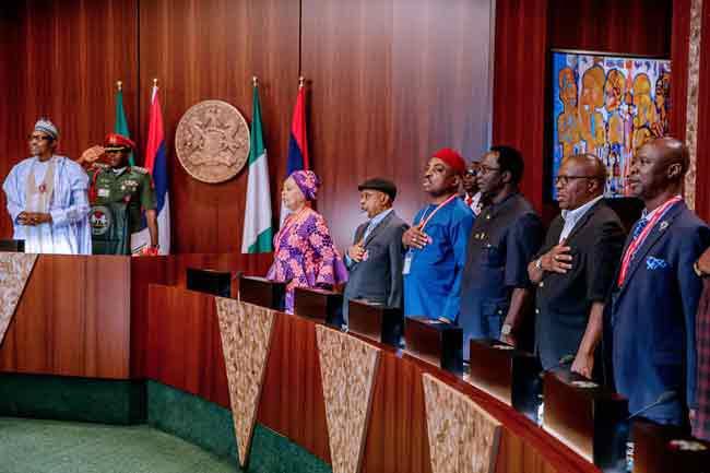 President Buhari, government officials and members of the of the Tripartite Committee
