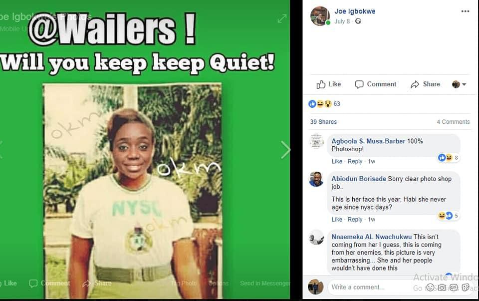 A screenshot of Joe Igbokwe's Facebook post where he tried to pass off a doctored image of Kemi Adeosun in NYSC kit as genuine