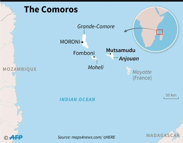 Map of the Comoros archipelago, showing the position of Mutsamudu, scene of days of clashes between rebels and security forces