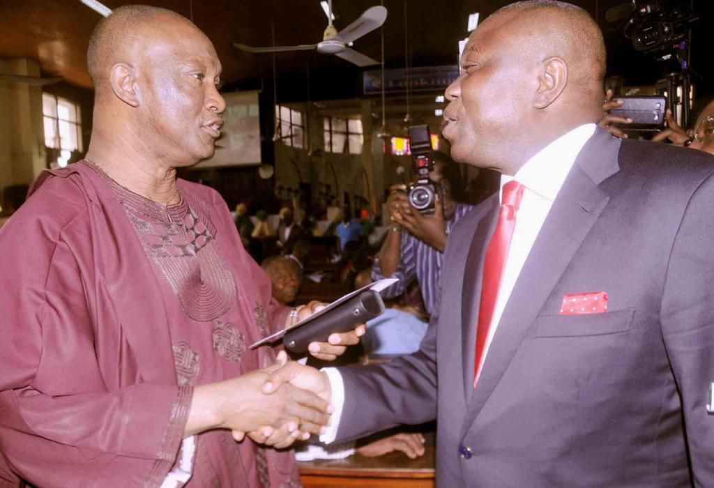 Lagos State governorship race rivals, Jimi Agbaje and Akinwunmi Ambode during the signing of peace treaty in February.