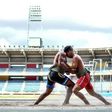 Venezuelan sumo wrestlers train at the Brigido Iriarte stadium in Caracas; despite a crushing economic crisis, sumo wrestlers are trying to grow the sport in the Latin American country