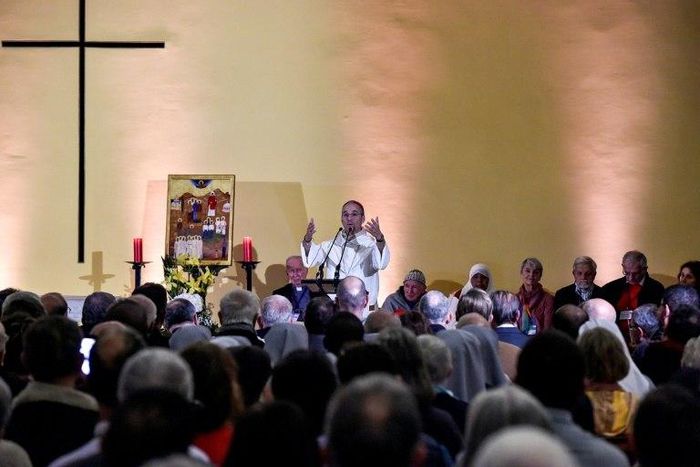 Jean-Paul Vesco, the French Dominican Bishop of the Roman Catholic Diocese of Oran, speaks during a spiritual vigil ahead of the beatification of seven French monks and 12 other clergymen killed during the Algerian civil war