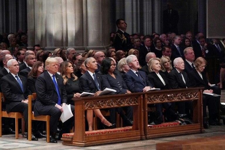 Presidential couples Donald and Melania Trump, Barack and Michelle Obama, and Bill and Hillary Clinton shared a front row pew