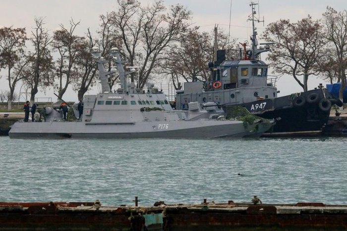 Seized Ukrainian military vessels are seen in a port of Kerch, Crimea, on November 26, 2018