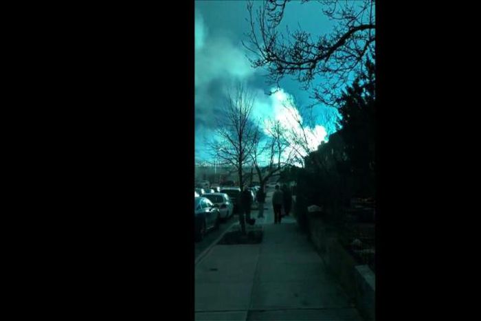 Thursday night lights: a fire at a power plant caused the sky to flash an eerie blue over New York City