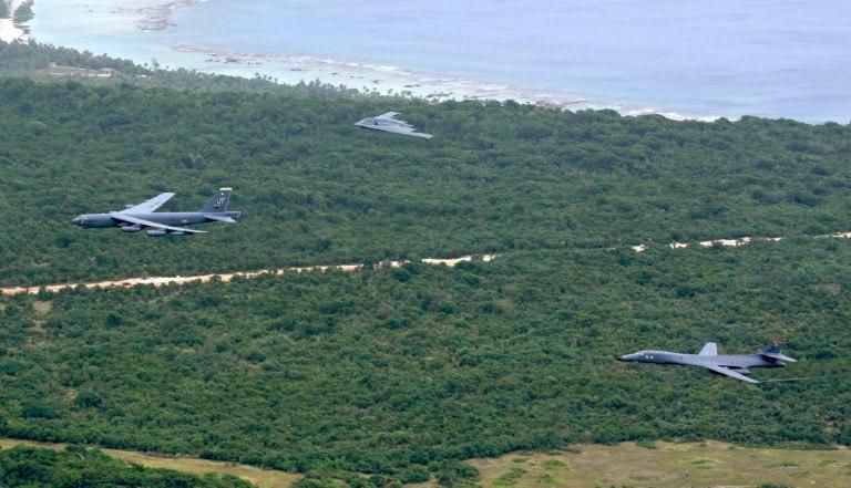 This 2016 photo shows a B-52 Stratofortress, a B-2 Spirit and a B-1 Lancer flying over Guam in an exercise
