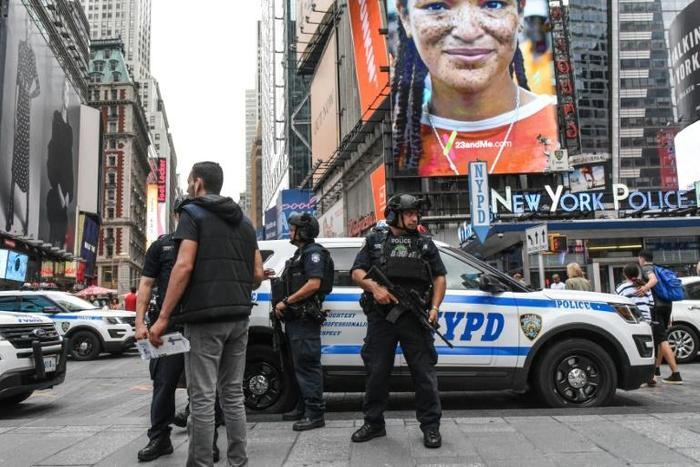 Members of the New York City Police Counterterrorism force stand guard in Times Square on August 18, 2017 amid heightened fears of attacks
