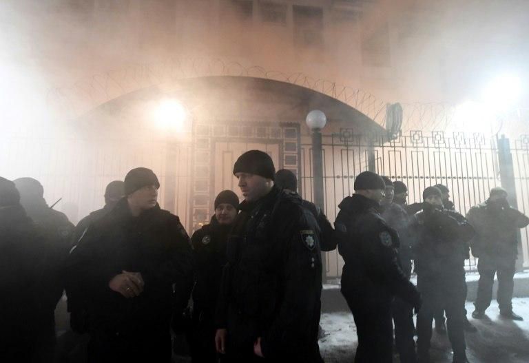 Police officers guarded the Russian Embassy in Kiev, where protesters rallied over the Kerch strait incident