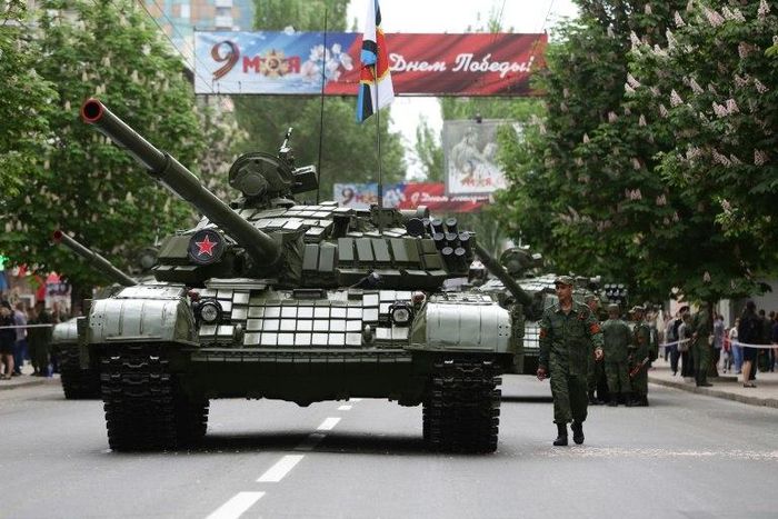 Militants of the self-proclaimed Donetsk People's Republic paraded tanks during Victory Day on May 9