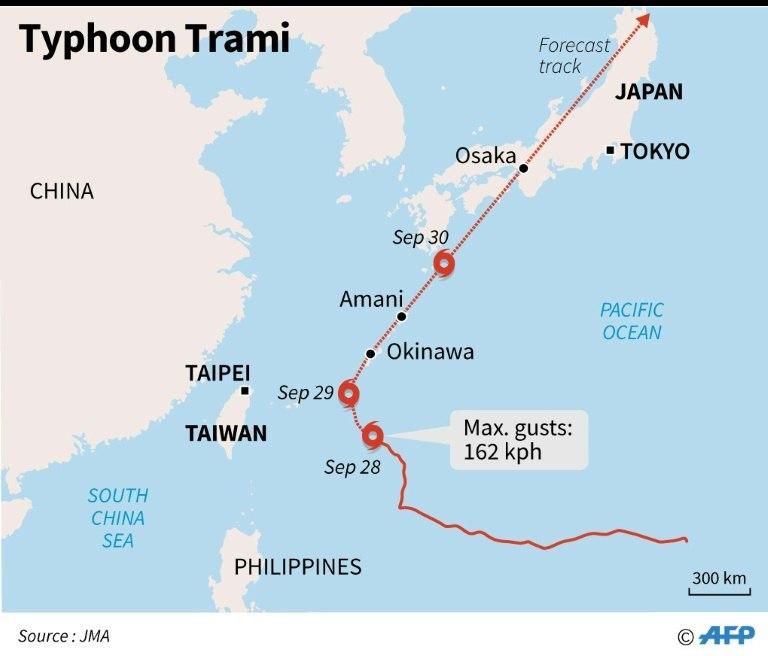 Map showing the forecast track of Typhoon Trami, churning towards Japan.