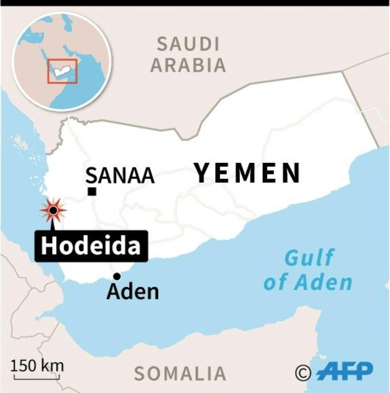 Map of Yemen locating Hodeida where dozens of Yemeni rebels have been killed in battles and air strikes.