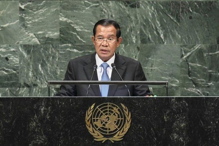 Cambodia's Prime Minister Hun Sen addresses the General Assembly at the United Nations in New York on September 28, 2018
