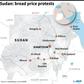 Map locating main cities in Sudan affected by protests over bread price increases.
