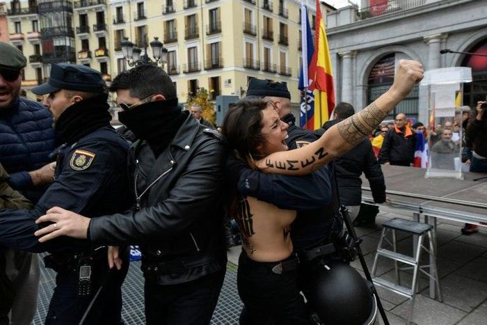 Some members of the pro-Franco gathering reacted angrily to the Femen protest