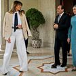 US First Lady Melania Trump (L) is welcomed by Egyptian President Abdel Fattah al-Sisi (C) and his wife Intissar Amer (R) upon arrival at the Presidential palace in the Egyptian capital Cairo