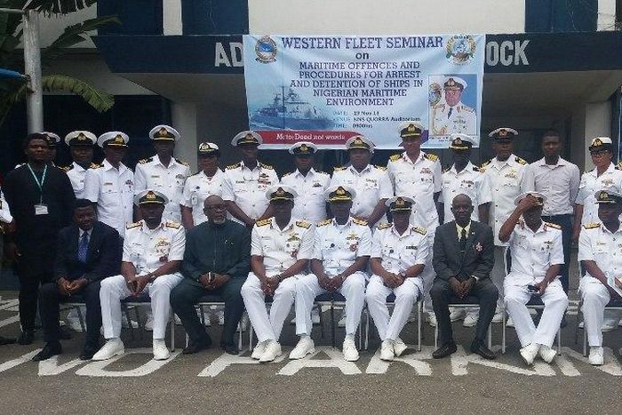 The Flag Officer Commanding, Western Naval Command, Rear Adm. Habila Ngalabak with other senior officers during a group photograph at the Maritime Offences and Procedures for Arrest and Detention of Ships in Nigerian Maritime Environment Seminar at the...