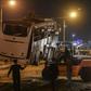 This picture taken on December 28, 2018 shows the tourist bus hit by a deadly roadside bomb blast being towed away from the scene in Giza just south of the Egyptian capital Cairo