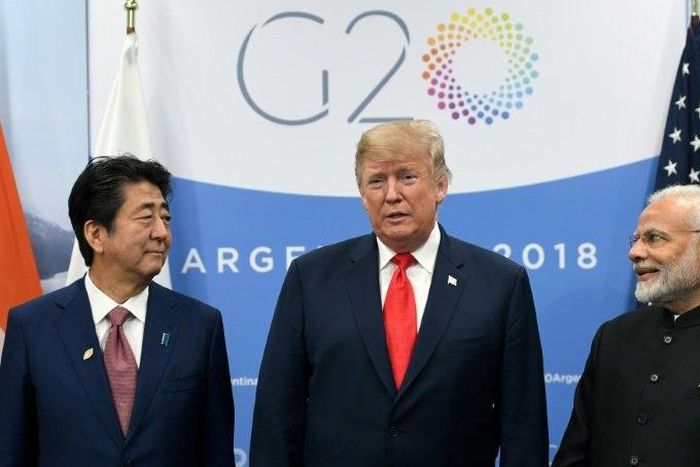 Japanese Prime Minister Shinzo Abe, US President Donald Trump and Indian Prime Minister Narendra Modi (L to R) met on the sidelines of the summit of the G20 economic powers in Buenos Aires