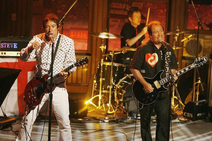 The Buzzcocks, with Pete Shelley (R), Steve Diggle (L), and Danny Farrant (rear) performed at "The Late Late Show with Craig Ferguson" in Los Angeles in 2006