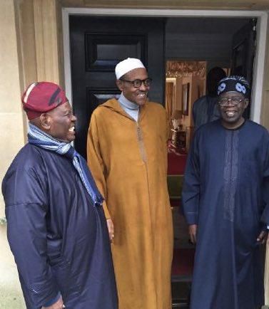President Muhammadu Buhari meets with Asiwaju Bola Ahmed Tinubu and Chief Bisi Akande at the Abuja House in London on February 9, 2017.